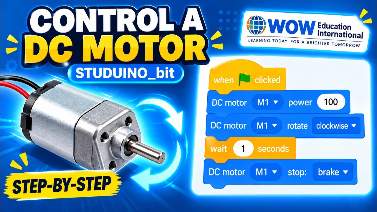 YouTube thumbnail for the Studuino_bit DC motor tutorial showing the motor and its block program