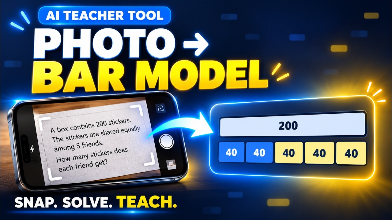 Video thumbnail showing a photographed sticker-sharing question converted into a bar model with five equal groups of 40