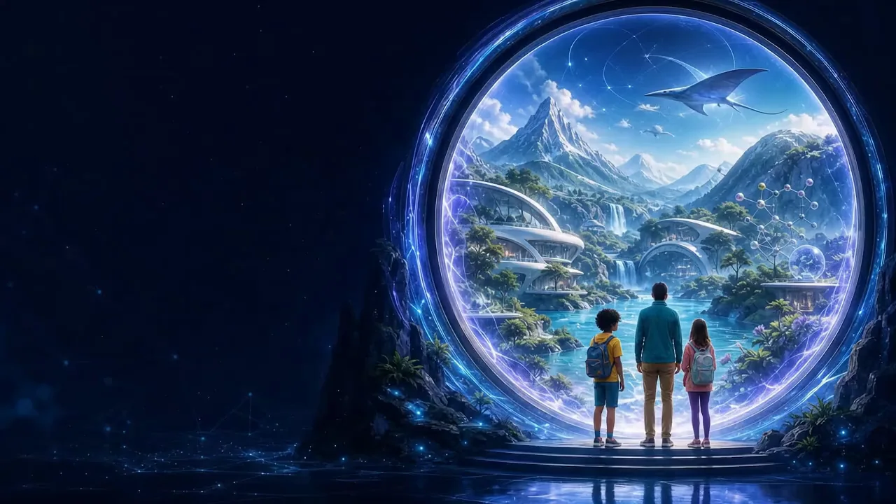 An adult and two children with backpacks standing on a dark platform before a glowing portal that opens onto a world of waterfalls, snow-capped mountains and white futuristic towers
