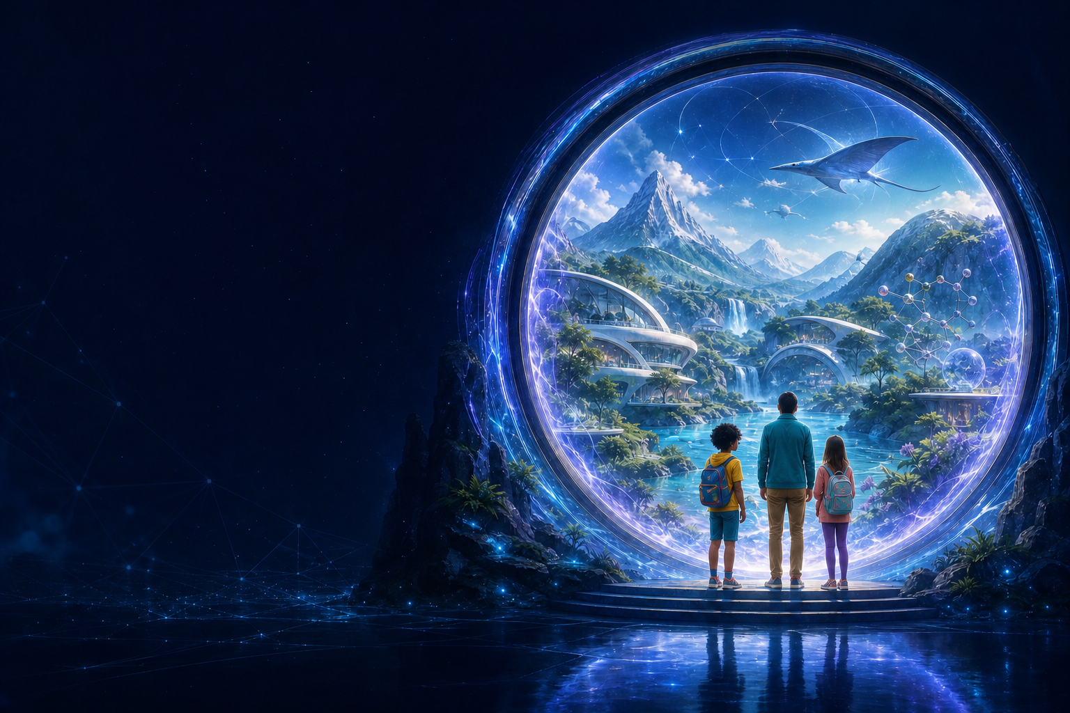 A friendly educator and two children in colourful adventure clothes looking through a luminous portal into a world of discovery
