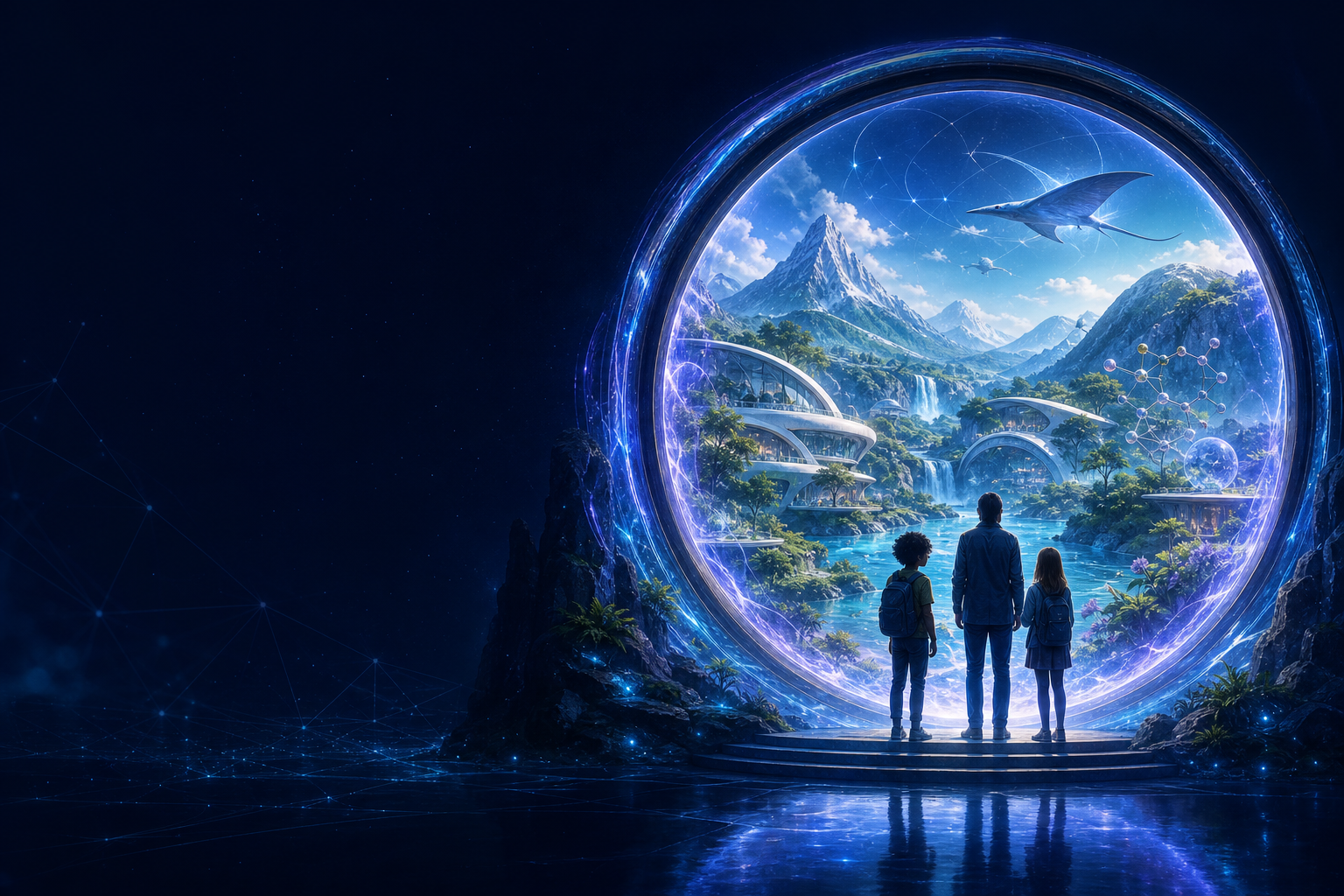An educator and two learners looking through a luminous portal into a world of discovery
